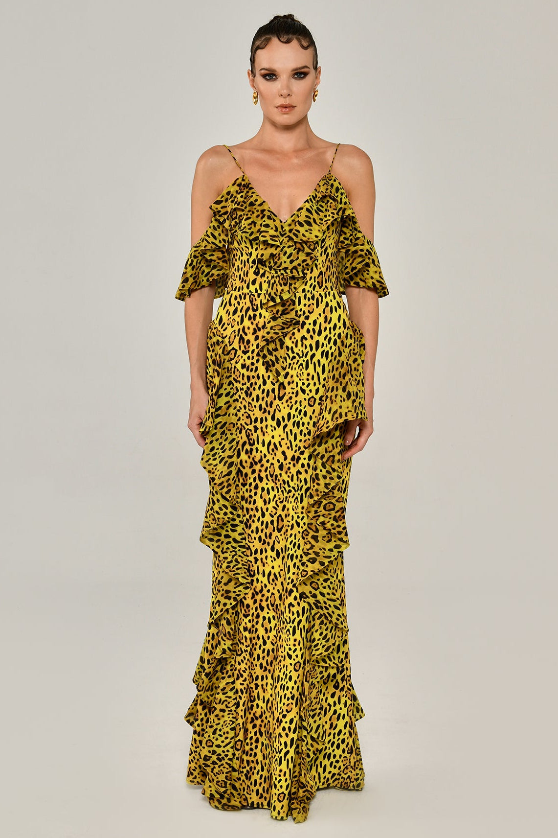 Savanna Ruffle Leopard Maxi Gown
