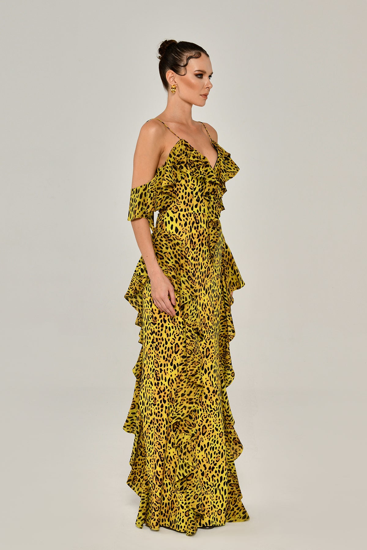 Savanna Ruffle Leopard Maxi Gown