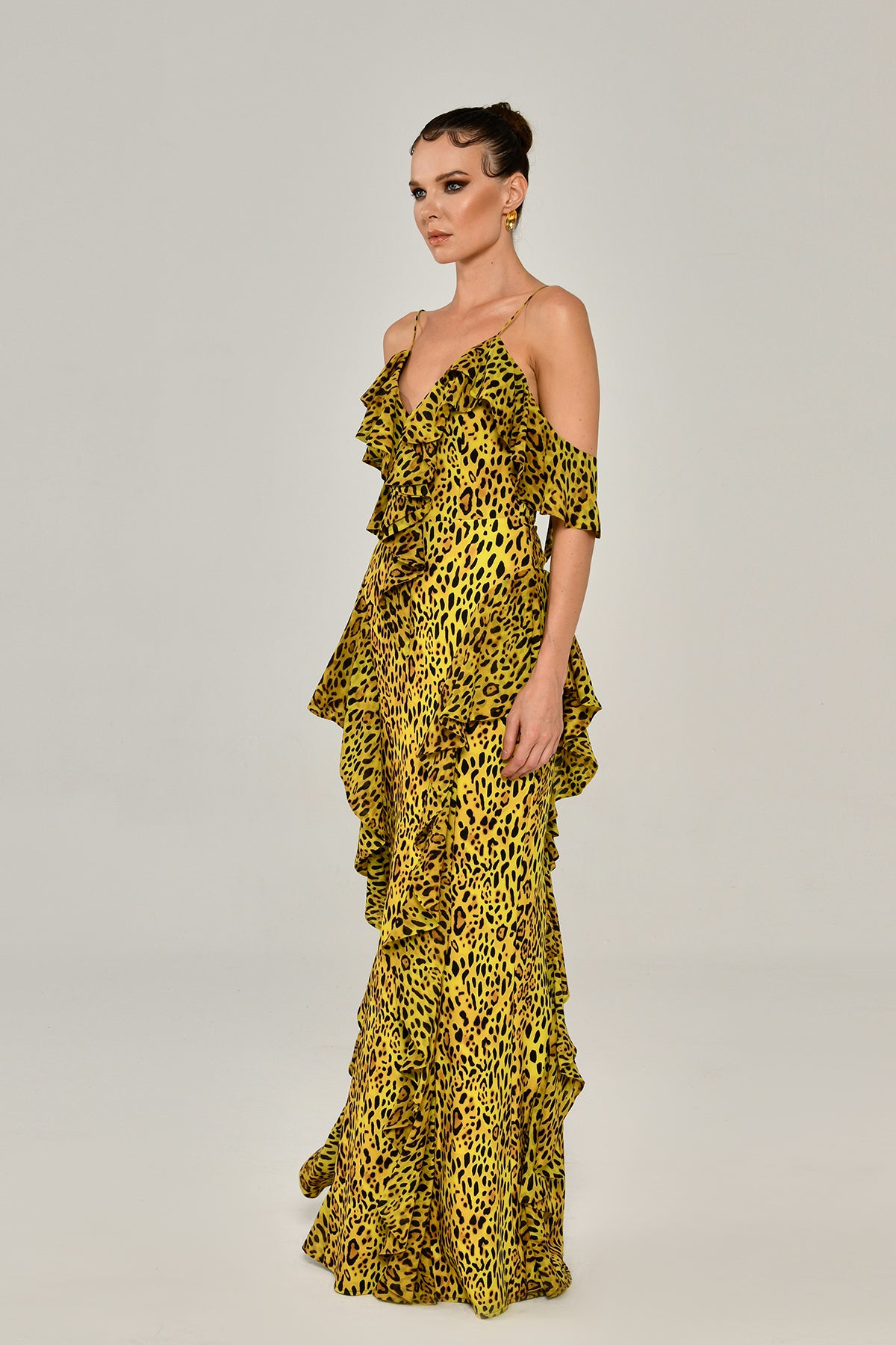 Savanna Ruffle Leopard Maxi Gown