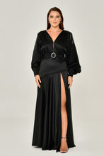 Load image into Gallery viewer, Long Sleeve Satin V Neck Deep Slit Gown
