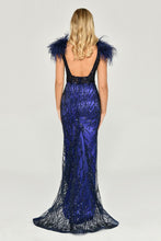 Load image into Gallery viewer, Sequined Tulle and Feather Long Evening Gown
