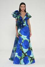 Load image into Gallery viewer, Statement Blue Floral Taffeta Gown with Sculptural Ruffle Shoulder
