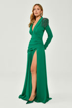 Load image into Gallery viewer, Long Sleeve Epaulette Deep V-Neck Crepe Long Dress
