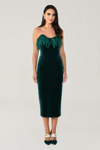 Load image into Gallery viewer, Strapless Feather-Embroidered Velvet Midi Dress
