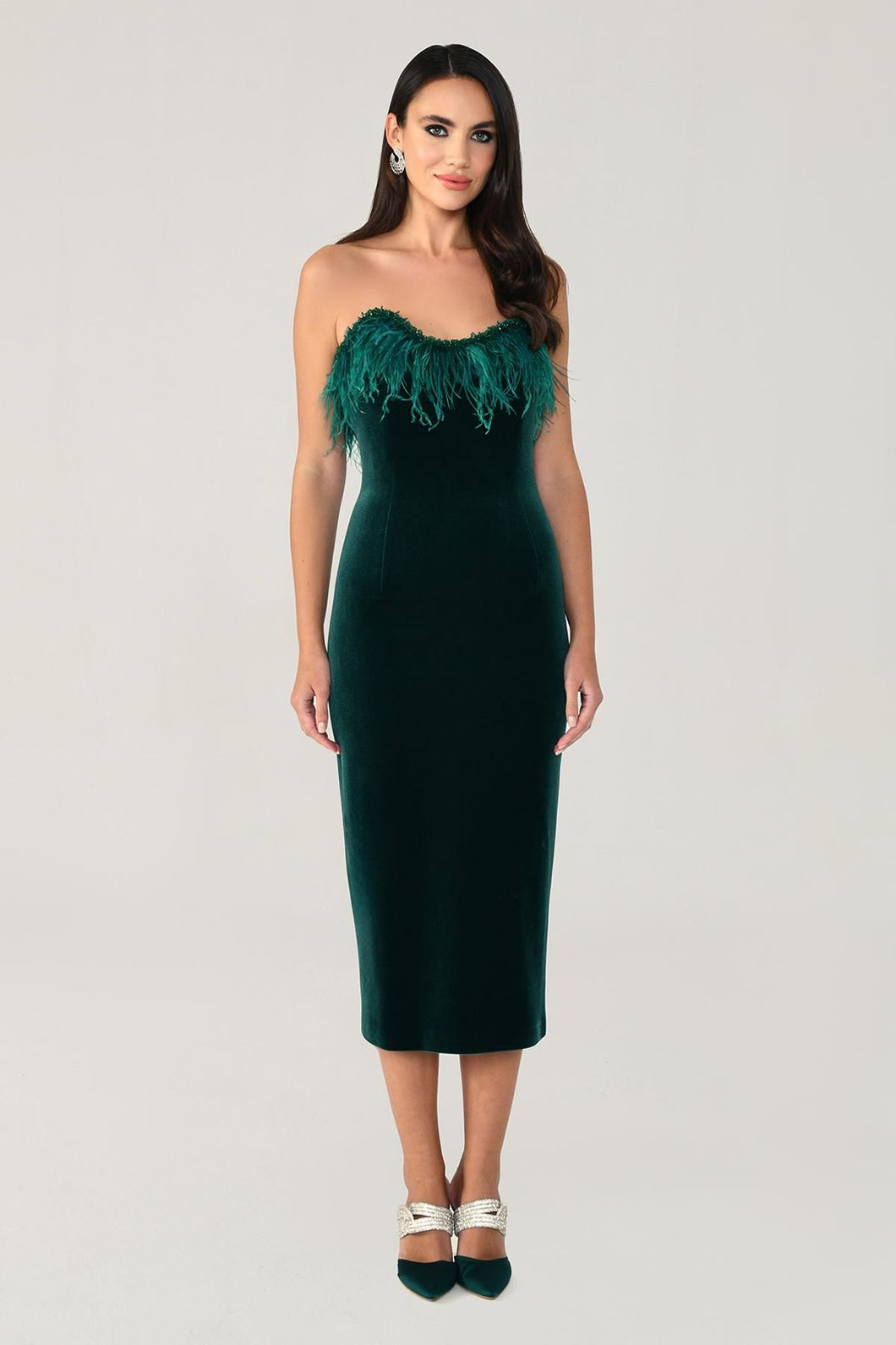 Strapless Feather-Embroidered Velvet Midi Dress