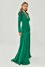 Load image into Gallery viewer, Long Sleeve Epaulette Deep V-Neck Crepe Long Dress
