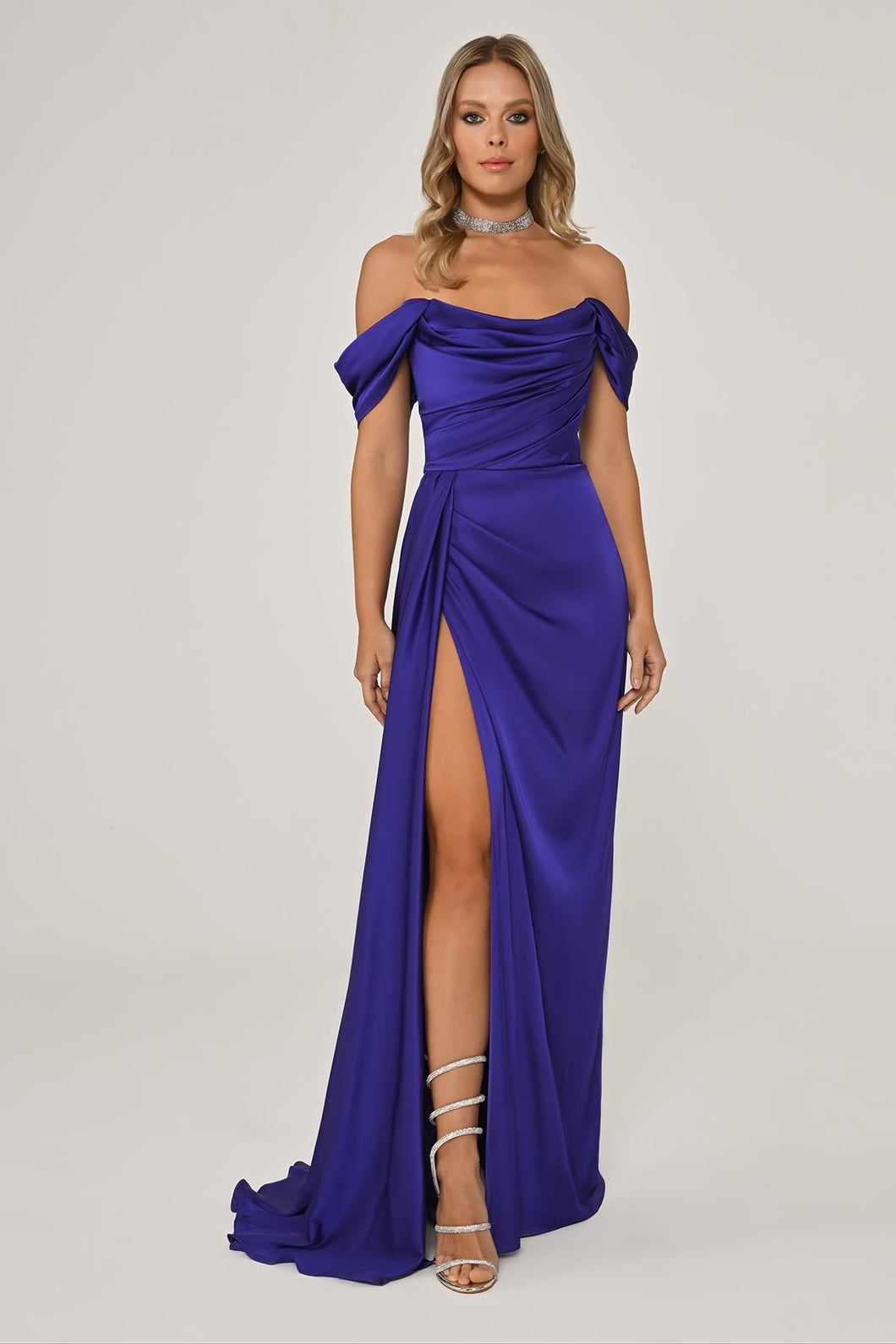 Low Shoulder Deep Slit Evening Dress