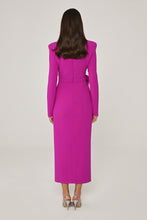 Load image into Gallery viewer, Long-Sleeve Padded Shoulder V-Neck Midi Evening Dress with Front Slit
