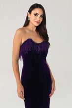 Load image into Gallery viewer, Strapless Feather-Embroidered Velvet Midi Dress
