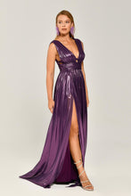Load image into Gallery viewer, Deep V-Neck Long Evening Dress in Glossy Fabric with Double Front Slit

