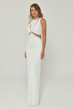Load image into Gallery viewer, Sequined Window Detail Fringed Hem Long Evening Dress
