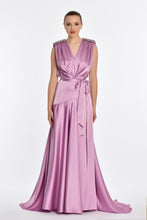 Load image into Gallery viewer, Shoulder-Padded and Brooch-Adorned Deep Slit Satin Long Evening Dress
