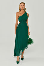 Load image into Gallery viewer, One-Shoulder Waist Pleat and Decollete Asymmetric Midi Evening Dress
