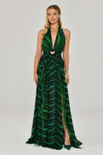 Load image into Gallery viewer, Halter Neck Feather Accessory Double Slit Chiffon Long Dress
