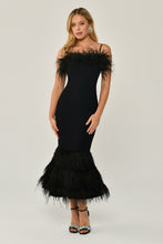 Load image into Gallery viewer, Feathered Midi Evening Dress with Striped Bust
