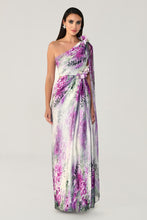 Load image into Gallery viewer, One-Shoulder Floral Satin Evening Gown with Chiffon Shawl
