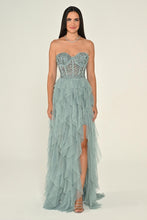 Load image into Gallery viewer, Strapless Sequin Corset Layered Tulle Maxi Dress
