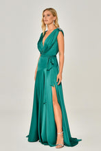 Load image into Gallery viewer, Shoulder-Padded and Brooch-Adorned Deep Slit Satin Long Evening Dress
