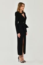 Load image into Gallery viewer, Long-Sleeve Padded Shoulder V-Neck Midi Evening Dress with Front Slit
