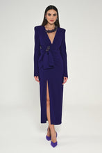 Load image into Gallery viewer, Long-Sleeve Padded Shoulder V-Neck Midi Evening Dress with Front Slit
