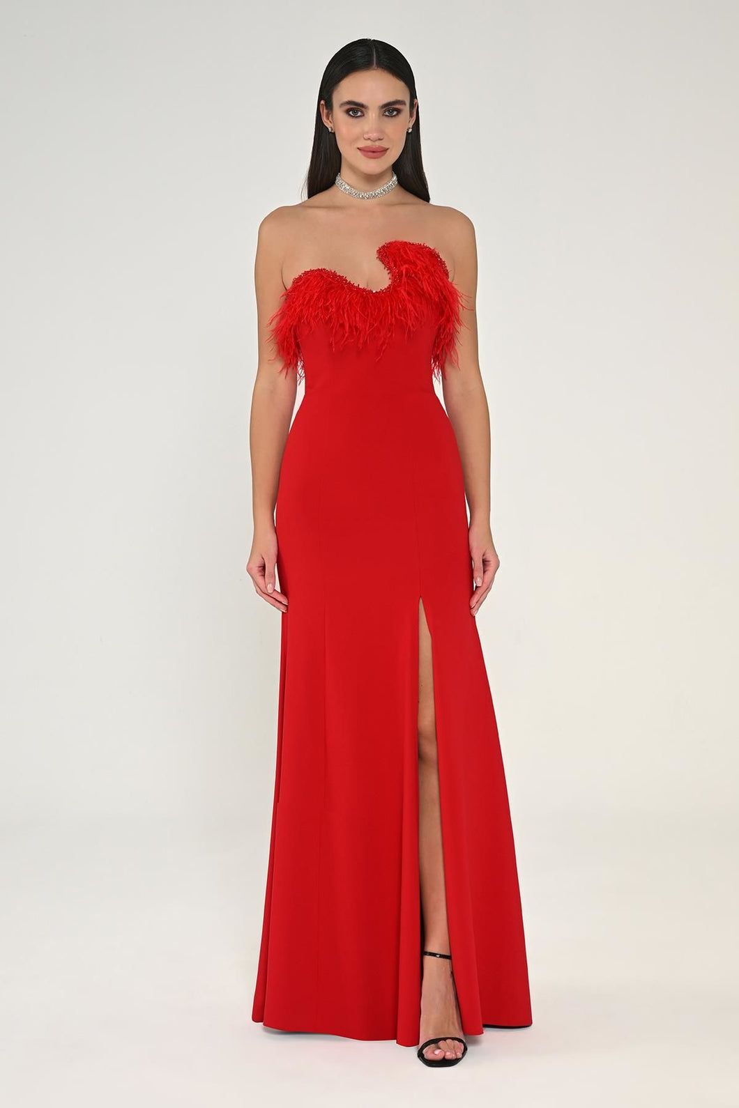 Asymmetric Cut Crepe Long Dress with Strapless Feathered Top