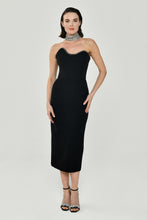 Load image into Gallery viewer, Strapless Embellished Bodice Edges Crepe Midi Evening Dress
