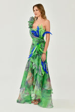 Load image into Gallery viewer, Single Ruffle Shoulder Ethereal Organza Shantung Feather-Trimmed Chiffon Long Evening Dress
