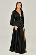 Load image into Gallery viewer, Long Sleeve Satin V Neck Deep Slit Gown
