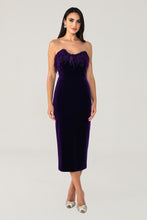 Load image into Gallery viewer, Strapless Feather-Embroidered Velvet Midi Dress
