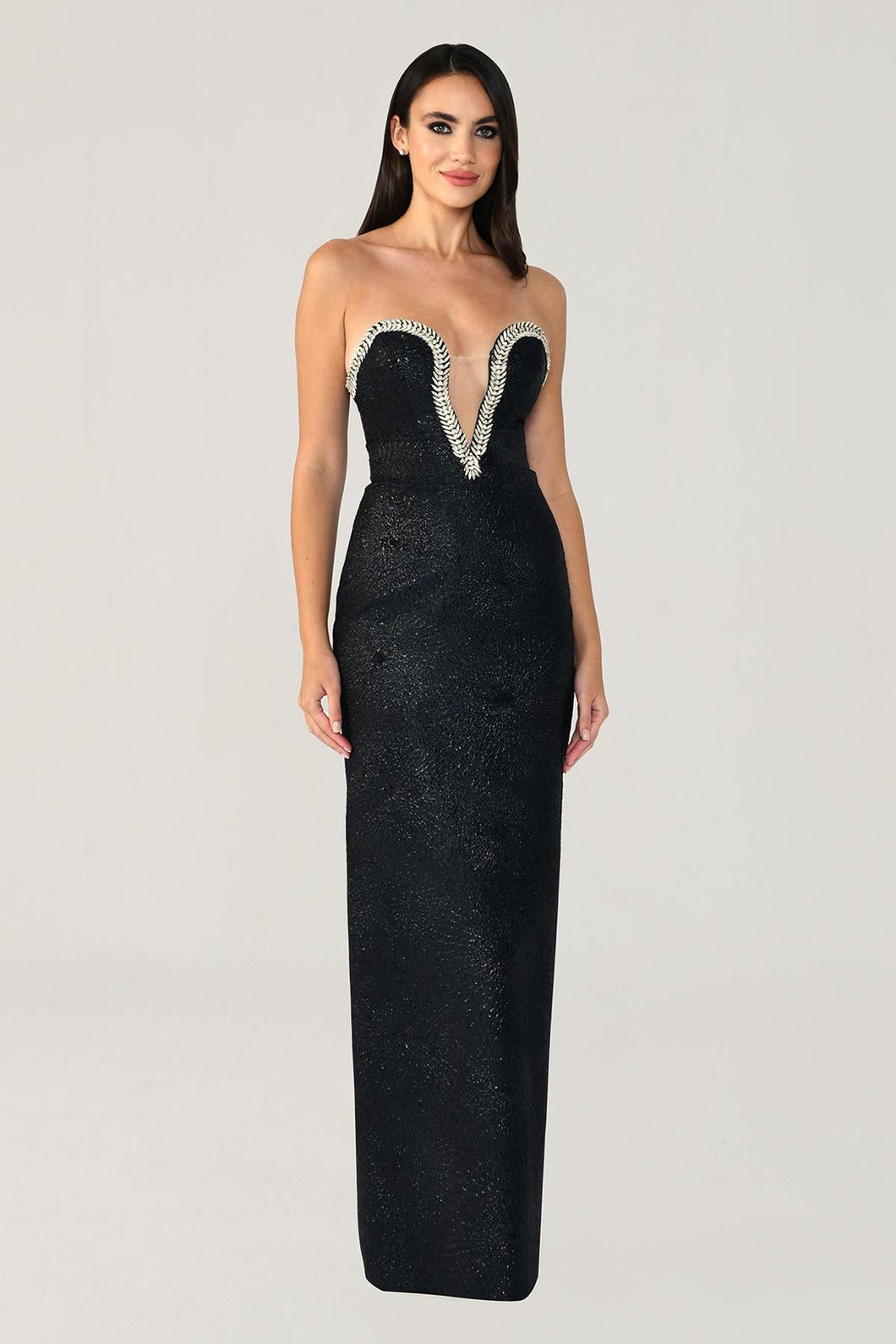 Strapless Stone-Embellished Heart Bust Jacquard Long Evening Dress