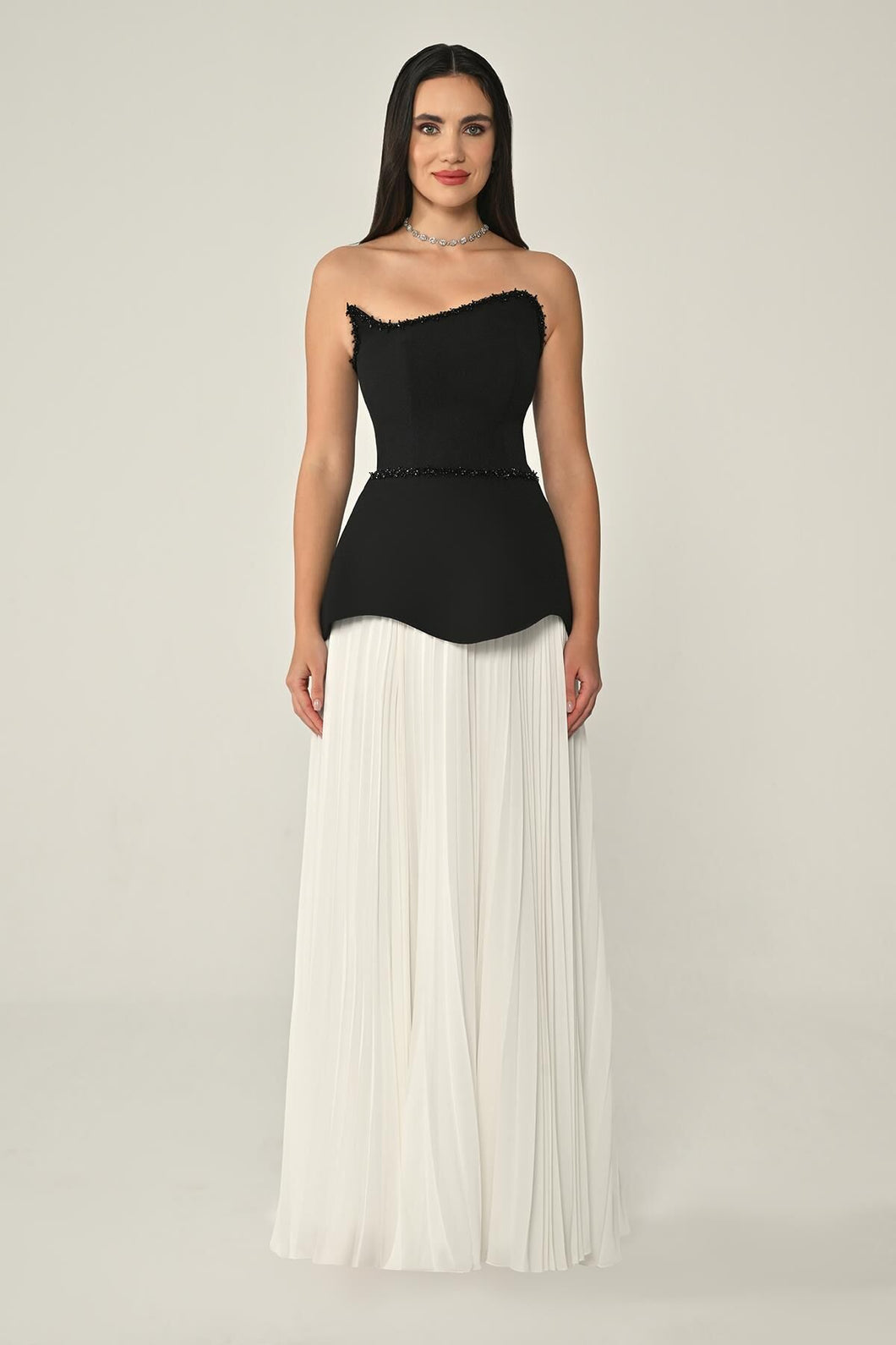 Strapless Crepe Bodice & Chiffon Long Evening Dress