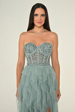 Load image into Gallery viewer, Strapless Sequin Corset Layered Tulle Maxi Dress
