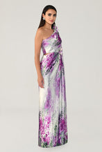 Load image into Gallery viewer, One-Shoulder Floral Satin Evening Gown with Chiffon Shawl
