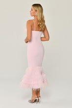 Load image into Gallery viewer, Feathered Midi Evening Dress with Striped Bust
