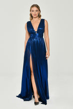 Load image into Gallery viewer, Deep V-Neck Long Evening Dress in Glossy Fabric with Double Front Slit
