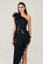 Load image into Gallery viewer, One-Shoulder Tulle Accented Asymmetric Sequin Long Dress
