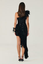 Load image into Gallery viewer, One-Shoulder Tulle Accented Asymmetric Sequin Long Dress
