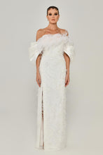 Load image into Gallery viewer, Low Shoulder Ostrich Feather Embroidered Evening Gown

