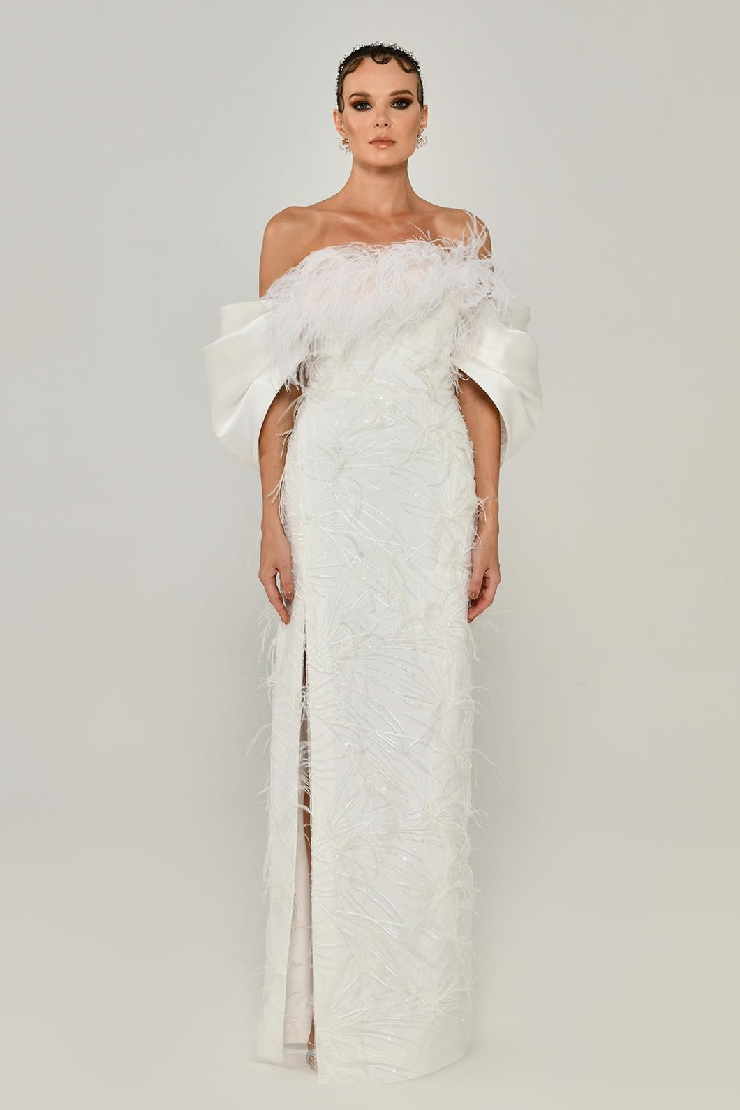 Low Shoulder Ostrich Feather Embroidered Evening Gown