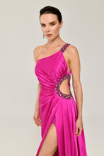 Load image into Gallery viewer, One Shoulder Satin Deep Slit Long Evening Dress
