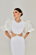 Load image into Gallery viewer, Baloon Sleeve Pearl-Embroidered Open Back Evening Gown

