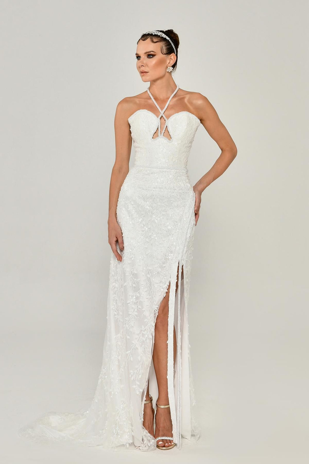 Halter Neck Embroidered Sequin Evening Gown
