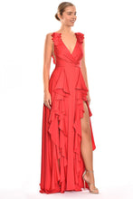 Load image into Gallery viewer, V Neck Double Slit Satin Long Evening Dress
