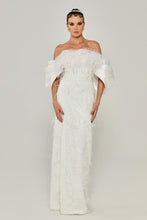 Load image into Gallery viewer, Low Shoulder Ostrich Feather Embroidered Evening Gown
