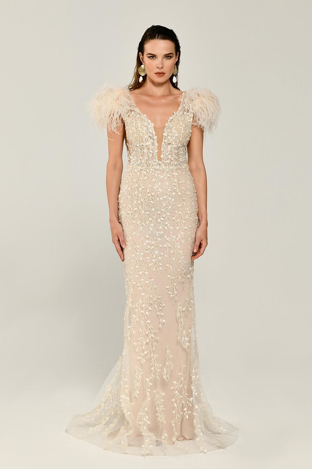 Sequined Tulle and Feather Long Evening Gown