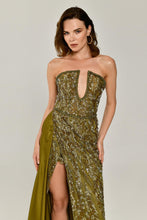 Load image into Gallery viewer, Strapless Embroidered Deep Slit Gown
