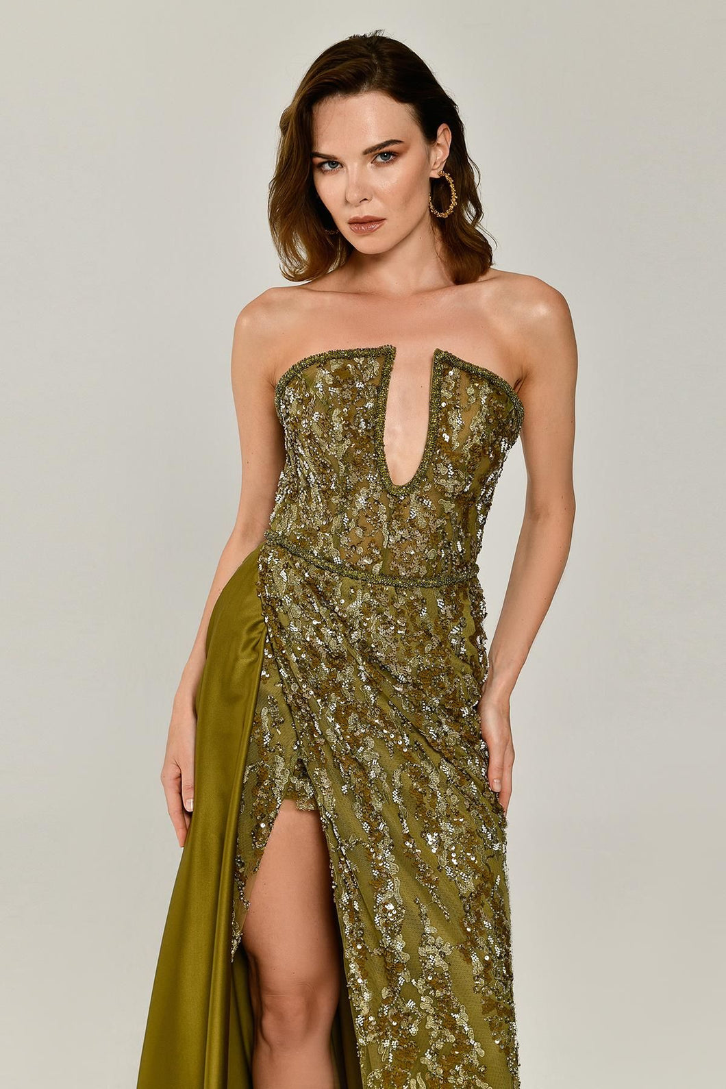 Strapless Embroidered Deep Slit Gown