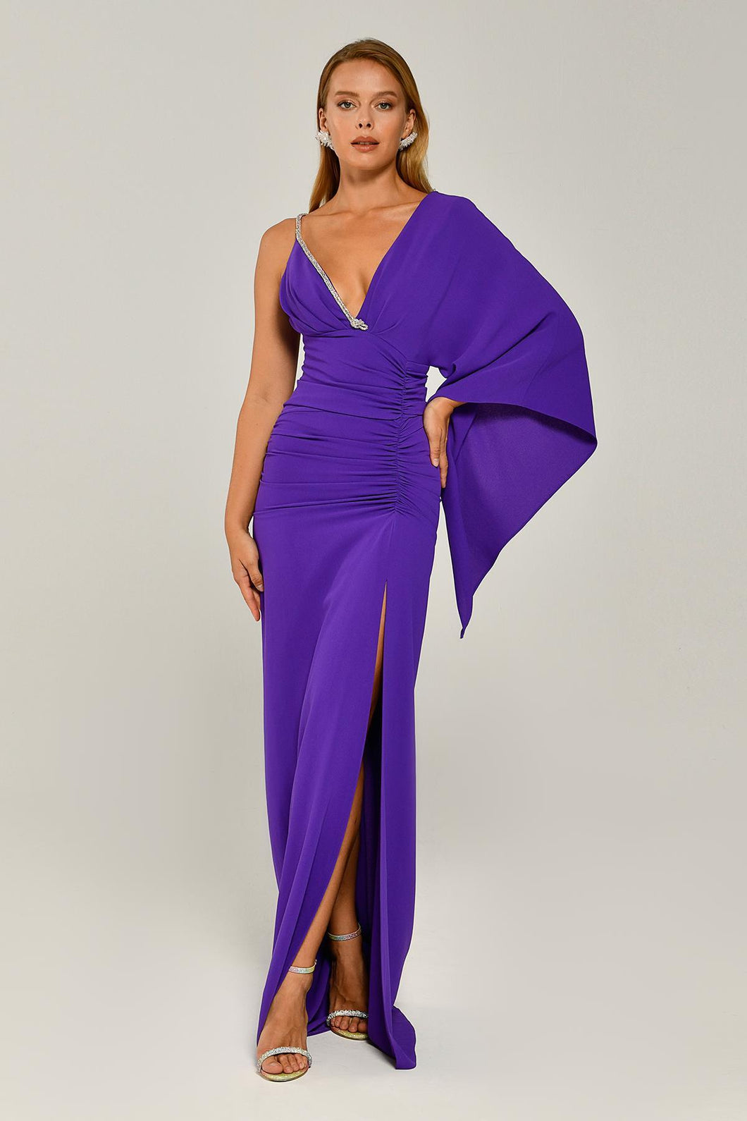 One Sleve V-Neck With Slit Gown