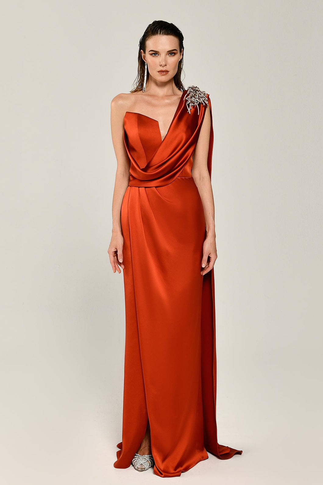 One Shoulder Satin Long Evening Dress