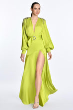 Load image into Gallery viewer, Long Sleeve Satin V Neck Deep Slit Gown
